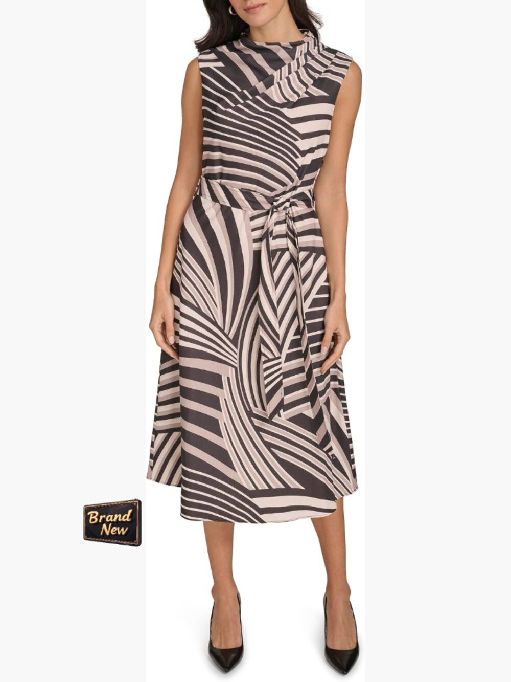 Sleeveless Mock Neck Fit & Flare Midi Dress, A-Line, Zipper, Dry Clean